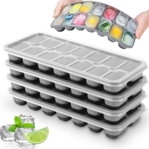 4 Pack Ice Cube Trays with Lids, JRISBO BPA Free Silicone Ice Cube Moulds LFGB Certified, Stackable Ice Cube Mold for Baby Food, Chilling Whiskey and Drink, Flexible & Easy-Release
