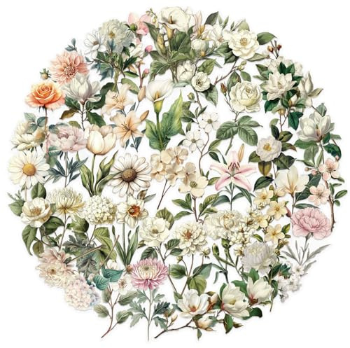 Vintage Botanical Stickers Pack, 50PCS Transparent PET Waterproof Decals of Long Stem Flowers for Scrapbooking Journals Laptops Bottles Guitars Suitcases, Aesthetic Stickers for Teens Adults