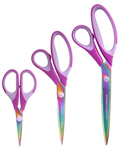 BambooMN Titanium Softgrip Scissors Set for Sewing Arts Crafts Office - Jubilee Yarn - 1 Set of 3 - Purple