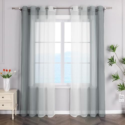 ESLIR Gardinen mit Ösen Vorhänge Gardinenschals Transparent Stores Gardinen Farbverlauf Voile Grau BxH 140x145cm 2 Stück