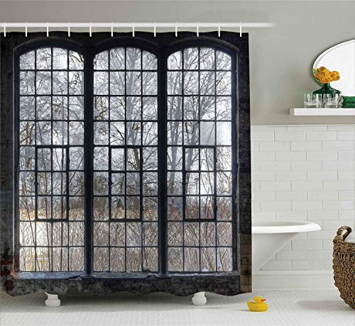 AdaCrazy Vieille Grande fenêtre aux vitres brisées dans Un Vestibule abandonné près des Arbres forêt Style l'époque d'hiver Collection Decor Industriel Rideau Douche Tissu Polyester 71x71 Pouces Gris