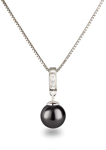 Schöner-SD Silberkette mit Anhänger Perle 10mm und Zirkonia 925 Silber rhodiniert dunkel-grau