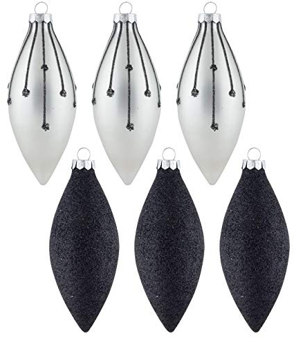 Mr Crimbo 6 Pack Christmas Tree Baubles Long Glass Decorations 13cm Black/Silver