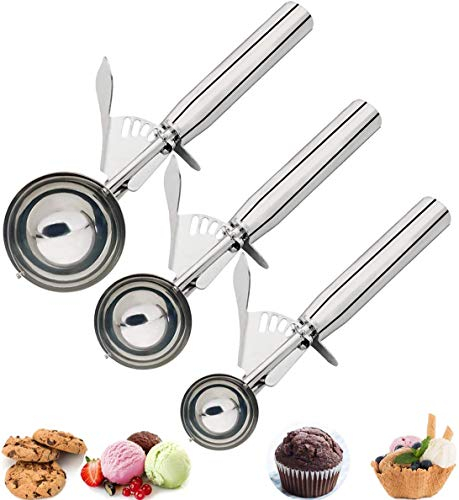 Cookie Scoop Set, Ice Cream Scoop Set, SZRWD Set of 3 Size Ice Cream Scoops Trigger, 18/8 Stainless Steel Ice Cream Cookie Dough Scooper Melon Baller Mash Potato Scoops(4cm, 5cm, 6.3cm)