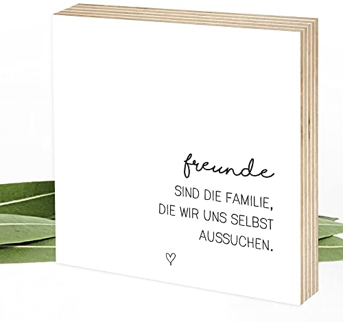 Wunderpixel® Holzbild Freunde sind Familie - 15x15x2cm zum Hinstellen/Aufhängen, echter Fotodruck mit Spruch auf Holz - schwarz-weißes Wand-Bild Aufsteller Zuhause Büro als Geschenk-Idee