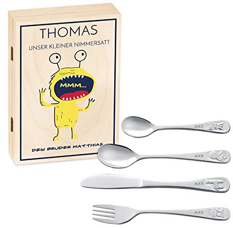Maverton Kinderbesteck Set mit Gravur + Holzbox mit Aufdruck - aus Edelstahl - mit Tieraufdruck - 4-teilig - personalisierbar - Braun - Geschenk Geburtstag, Taufe, Geburt - ein kleiner Nimmersatt