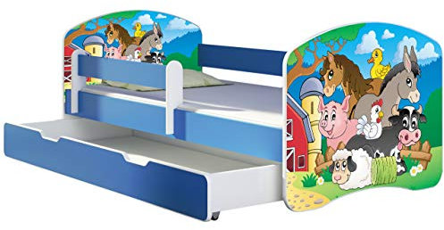 ACMA Kinderbett Jugendbett mit Einer Schublade und Matratze Blau mit Rausfallschutz Lattenrost II 140x70 160x80 180x80 (34 Farm, 180x80 + Bettkasten)