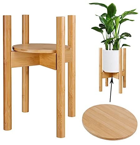 Natura Indoor Plant Stand with Adjustable Tray, Fits 8.5 to 12 Inch Pots, Wooden Mid Century Modern Display Rack - Rustic Decor