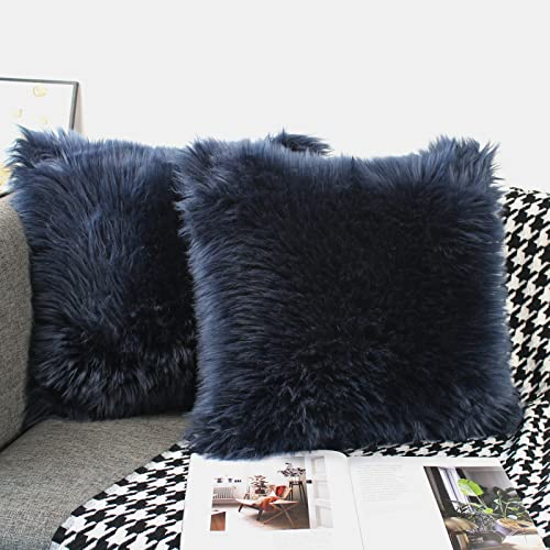OYIMUA 2 Pcs Weicher Zierkissenbezüge Deko Kissen Schaffell Lammfell Kunstfell Langhaar Zierkissen Kissenbezug Fellimitat Sofakissen Cuddly Kissen (Navy blau, 40 x 40 cm)