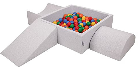 KiddyMoon Parque Infantil De Espuma con Cuadrada Piscina De Bolas (200 Bolas) para Niños, Gris Claro: Amarillo/Verde/Azul/Rojo/Naranja