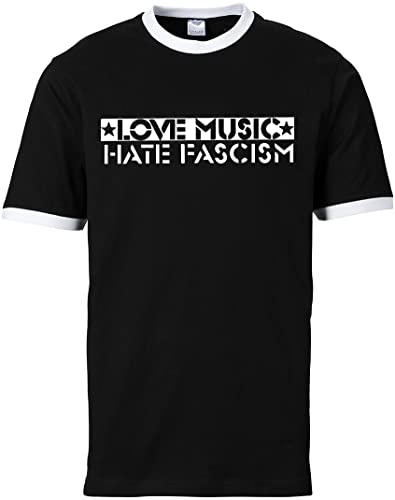Love Music Hate Fascism Ringer T-Shirt, Schwarz-weiß