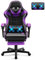 Soontrans Gaming Stuhl Massage, Gaming Sessel mit Fußstütze & Kopfstütze & Massage-Lendenkissen, Gepolsterte Armlehnen, Ergonomisch Gaming Stuhl für Gamer YouTube Livestreaming Xbox (Lila)