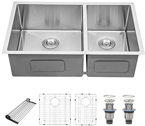 Beslend 33 Undermount Double Bowl Kitchen Sink 60/40 Undermount Kitchen Sink 16 Gauge 33x19x10 Inch