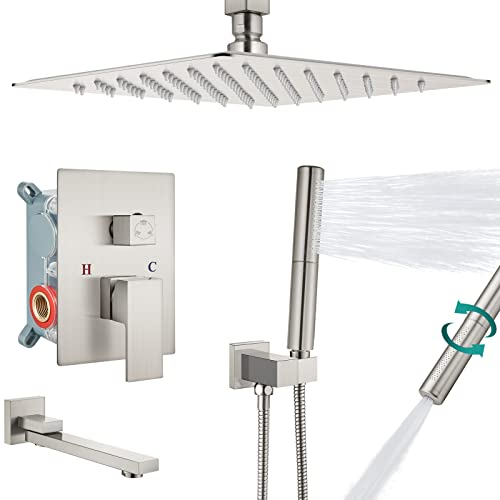 Aolemi Deckenmontage-Duschsystem mit Wannenauslauf, Duscharmatur-Set mit 30,5 cm Regenduschkopf und 2-in-1-Handbrause, Badezimmer-Dusch-Kombi-Set mit Ventil, gebürstetes Nickel