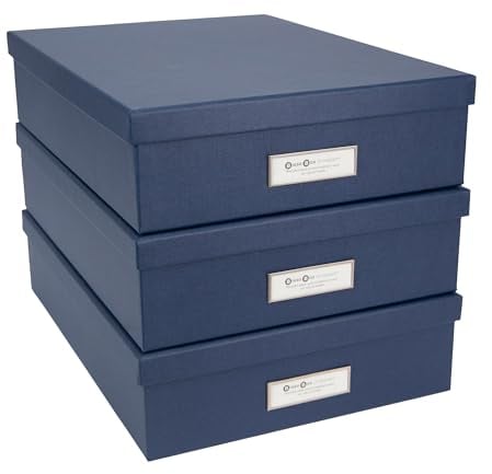 Bigso Oskar Faserplatten-Etikettenrahmen, Dokumenten-Briefkasten, Aktenordner, Dokumentenbox für wichtige Papiere, Dokumenten-Aufbewahrungsbox mit Deckel und Metall-Etikettenfenster, 3 Stück, Weiß