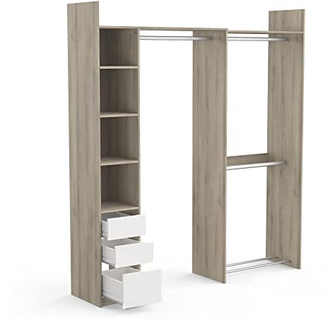 habeig Großer Kleiderschrank begehbar offen Garderobe Schrank Regal 3X Schublade Kommode 3X Kleiderstange Schlafzimmer 218x200x44cm (#361994 Braun + Weiss)