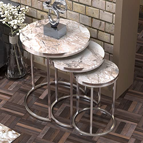 [en.casa] Set de 3 Mesas Nido Juego de 3 Mesas Auxiliares en Forma Redonda Varios Tamaños Aglomerado y Metal - Mármol Blanco y Plateado