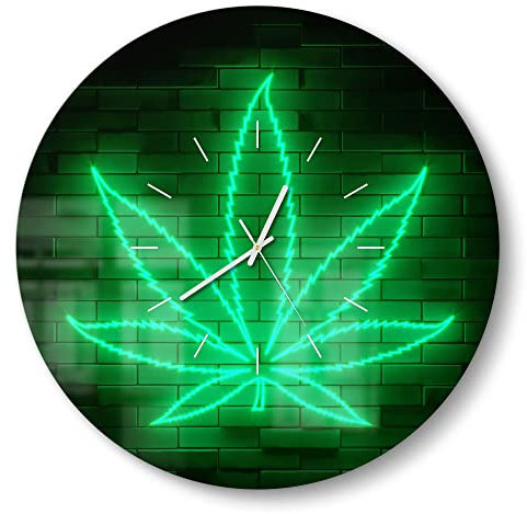 DEQORI Glasuhr | rund Ø 50 cm | Motiv Leuchtsymbol Hanfblatt | große XXL Design Uhr aus Glas | leise Wanduhr für Wohnzimmer & Küche | moderne Hingucker Uhr für die Wand