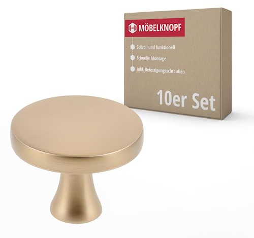 Gedotec Möbelknöpfe | Metall D: 33,5 mm I 10 Stück | Türknopf für Schränke - Gold matt inkl. Befestigungsmaterial I ELLIE I Knöpfe für Küchenschränke - moderner Stil