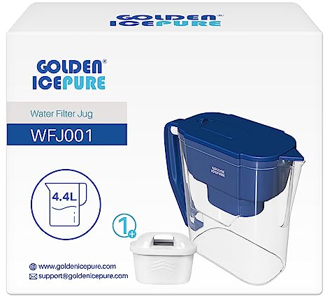 GOLDEN ICEPURE Wasserfilter Kanne 1x Water Filter, kompatibel mit Brita Wasserfilterkartuschen, Brita Maxtra, Maxtra+, großes Fassungsvermögen 4,4 l, Kartusche – Filter reduziert Kalk und Chlor