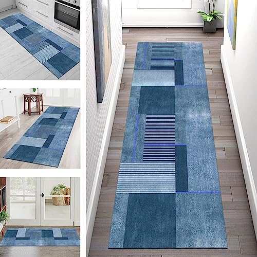 Teppich Läufer Flur Küche rutschfest waschbar Teppichläufer Lang Korridor Tepiche 120X400CM Blau Küchenläufer Bodenmatte Meterware Kücheteppich Schlafzimmer Wohnzimmer Flurmatten Breit 40-120cm