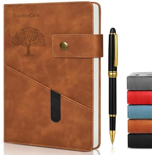Vegan Leather Hard Paste with Divider, Hardcover Notebook with Pocket, Ruled Notepad School Supplies Office with Pen, Office, Business Travel, for Men Women (Brown)