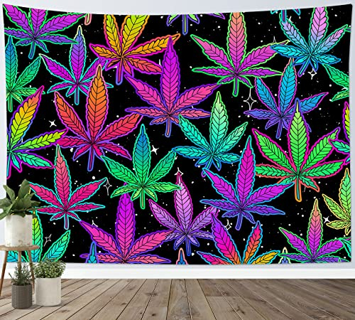 LB Wandteppich Trippy Weed Wandtuch Lila und grünes Blatt Wandbehang Pflanze am schwarzen Sternenhimmel Tapisserie für Wohnzimmer Schlafzimmer Wohnheim Wanddeko,150x100cm