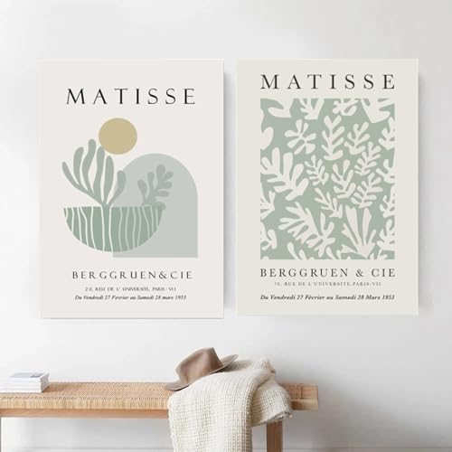 Yangld Nordic Abstract Line Blumenvase Figuren Matisse Grau Grün Wandkunstdruck Leinwand Poster Gemälde Dekor Bilder Wohnzimmer 50 x 70 cm – 2 Stück rahmenlos