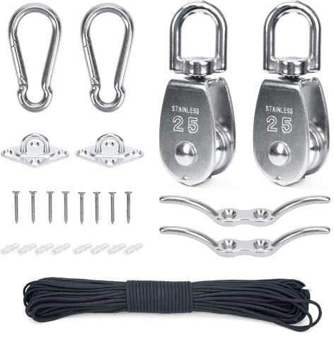 lesolar Crane Pulley Block, 2pcs M25 Pulley Block 304 Stainless Steel, 360° Swivel Pulley Block Wheel, Single Hanging Wire Towing Wheel with 20m/4mm Nylon Line Rope (Loading 330lbs)