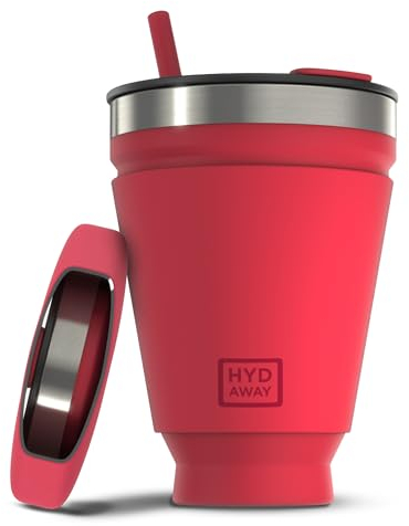 HYDAWAY Gobelet pliable avec couvercle et paille – Tasse de voyage isotherme en silicone, tasse de voyage pliable pour chaud et froid, tasse pliable pour café, thé, camping et randonnée, couvercle