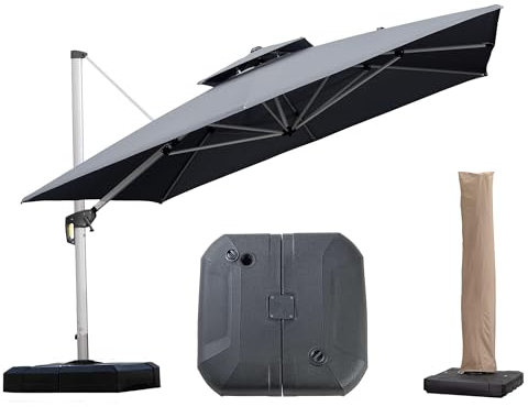 PURPLE LEAF Parasol Déporté 3,3 x 3,3 m Carré avec Pieds de Parasol, Parasol de Jardin Extérieur à Toit Double Rotatif 360°, Pour Terrasses, Terrains de camping, Restaurants Extérieurs, Gris acier
