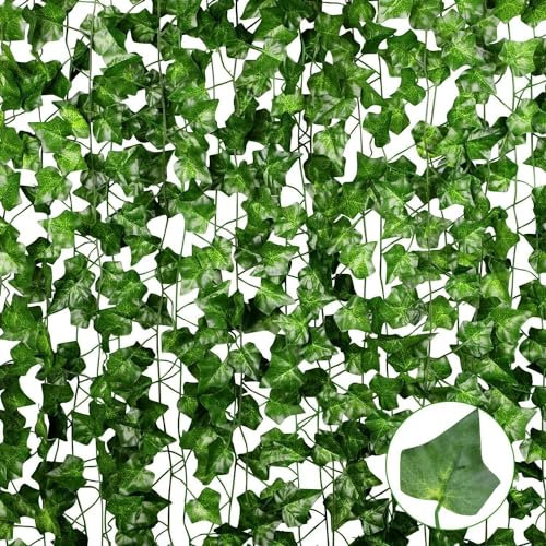 ANGMLN 15 Pack 113 FT Artificial Green Ivy Leaf Vines, Fake Vines Greenery Hanging Plant Vine Leaves with Nylon Ties for Bedroom Wall Wedding Party Trellis Fence Pergola Balcony Event Aesthetic Decor…