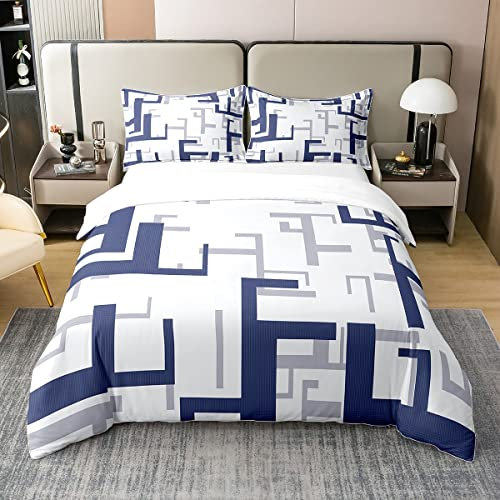 Homemissing Géométrique 100% Coton Housse de Couette 200x200cm Enfants Bleu Gris Géométrique Rayures Literie Set Doux et Respirant Parure de Lit Art Abstrait Ensemble de lit Chic Chambre à Coucher