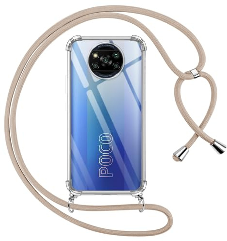 Pnakqil Funda para Xiaomi Poco X3 NFC/X3/X3 Pro con Cuerda, Carcasa Transparente Silicona Colgar Collar Correa de Cuello Cadena para Xiaomi Poco X3 NFC/X3 Pro Fundas, Cordón Ajustable [Caqui]