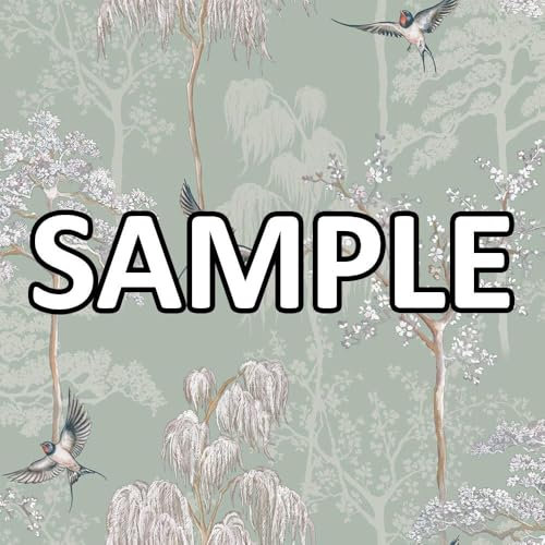 World of Wallpaper Japanese Garden Inspired Oriental Asian Themed Wallpaper Sample for Living Room and Bedroom Cherry Blossom Trees and Oriental Birds - Sage Green 946102 Sample