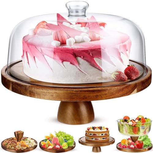 Eidoct Soporte para tartas, plato para servir tartas con cúpula, madera de acacia y tapa acrílica resistente a los golpes, bandeja para verduras, cuenco de frutas, soporte para donas, plato de nachos