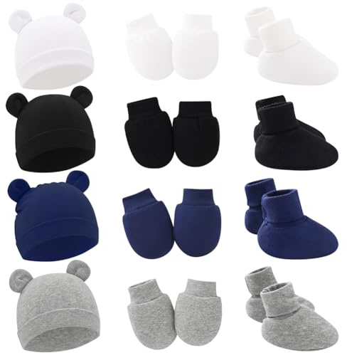 Besforta 4-Pack Preemie Hüte Handschuhe und Socken Set Weiche Baumwolle Warme Bär Ohr Preemie Beanie, Neugeborene Krankenhaus Hut für Baby Jungen Mädchen