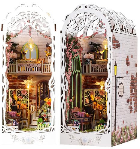 KBIBCK DIY Book Nook Kit, DIY Gartenhaus Miniatur, 3D Puzzle Buchstützen aus Holz, DIY Miniatur Haus mit LED Leuchten und Möbeln, Puppenhäuser Miniatur Haus Kit Modellbausätze für Erwachsene zum Bauen