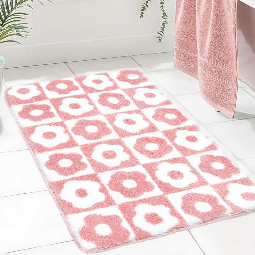 Homantic Tapis de Bain Rose à Carreaux antidérapant en Microfibre absorbante avec Motif Floral, 50 x 80cm