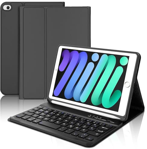 WAVATA Tastatur Hülle für iPad Mini 5 2019 (5. Generation) / iPad Mini 4 2015, Drahtlose Bluetooth-Tastatur QWERTZ mit Stifthalter für iPad Mini 5/4/3/2/1,Schwarz