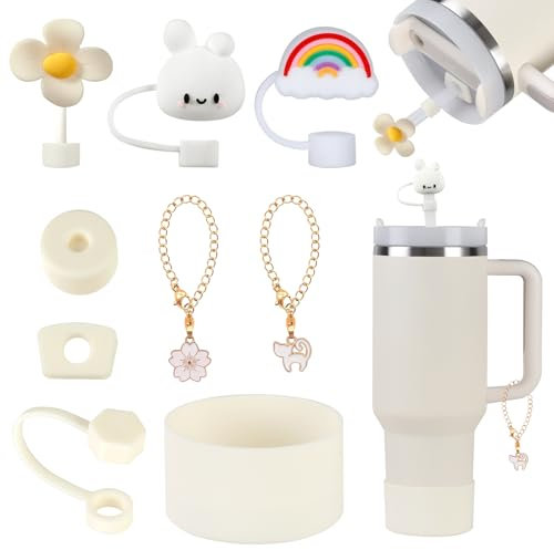 Yuecda 9 Stück Stanley Cup Zubehör,einschließlich Silikon-Schutzhülle, auslaufsicherem Stopfenset, Strohhalmabdeckung, hängendem Schmuck, geeignet für Stanley Cup 1,2 l und 850 ml (Cream Tonal)