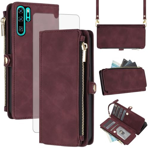 Asuwish Handyhülle für Huawei P30 Pro Hülle mit Band und Folie Schutzfolie RFID Kartenfach Klappbar Leder Blumen Geldbörse Ständer HuweiP30Pro Hawaii P 30 P30Pro VOG-L29 Wallet Phone Case Dunkelrot