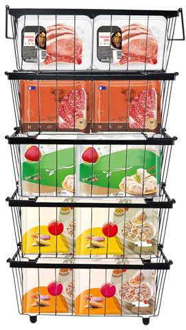 5 PièCes Cestini Per Congelatore, 34*17.5*14cm Organizer Congelatore A Pozzetto Organizzatore Freezer Maniglia Impilabile Cestino Portaoggetti In Metallico Organizer Frigorifero