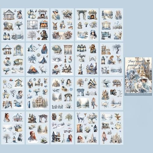 DIELOVEHUA 20 Blatt Scrapbooking Sticker, Blumen Landschaft Scrapbook Aufkleber, Jahreszeiten Stickers, PET Ästhetische Vintage Aufkleber, für DIY Scrapbook, Journaling, Fotoalben (Winter)