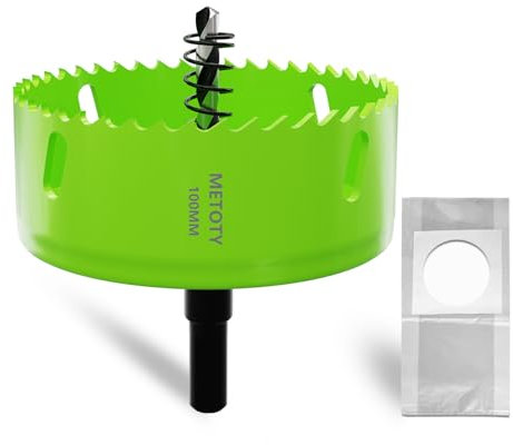 METOTY Scie cloche bi-métal 100 mm, universelle, HSS M42, avec adaptateur de tige triangulaire et foret de centrage, un sac à poussière pour aluminium, métaux, plastiques, verre acrylique, bois