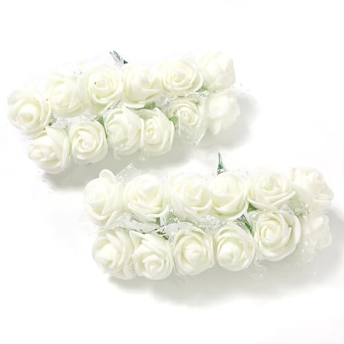 Anevous 24 Stück Künstliche Schaumrosen mit Stiel, 2cm Kunstrosen Blumenköpfe, Deko Blumen Schaum Rosenstrauß, Kunstblumen Rosen Basteln für Basteln Party Hochzeit Brautstrauß,Milchweiß