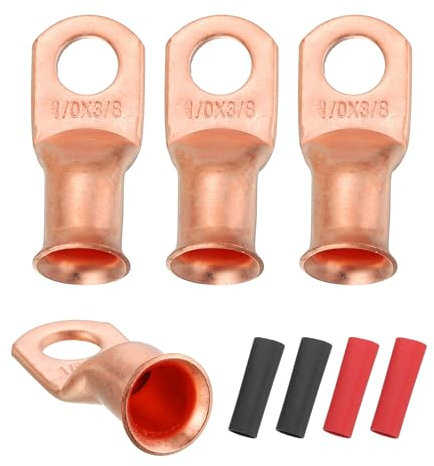 sourcing map 4pcs 1/0 AWG M10 Battery Lugs Ring Terminals, 3/8 10mm Stud Crimp Wire Terminal Connector End Copper, 3:1 Heat Shrink Tubing, Gold