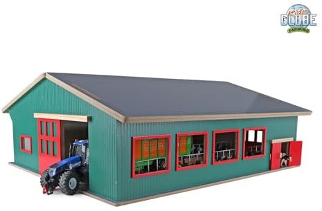 Kids Globe Farming Viehstall (bewegliche Türen, abnehmbares Dach, Maßstab 1:32, Viehstall Bauernhof, Kinder Bauernhof Zubehör, Spielzeug Bauernhof) 610310, Grün und Rot