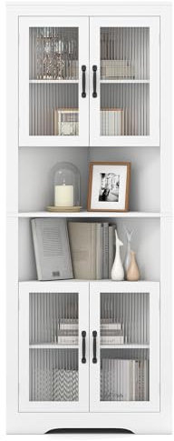 LIFEZEAL Hochschrank Eck, Aufbewahrungsschrank mit Glastüren, Mehrzweckschrank mit 3-Fach verstellbaren Regalen, Modernes Badschrank für Küche, Bad oder Wohnzimmer