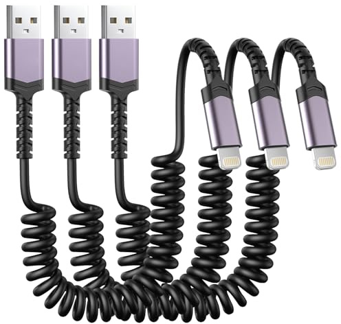 3 Pack Coiled Lightning Cable for Car [MFi Certified] Retractable iPhone Charger Apple CarPlay USB to Lightning Cord Fast Charging for iPhone 14 13 12 11 Pro Max Mini XR XS 8 SE